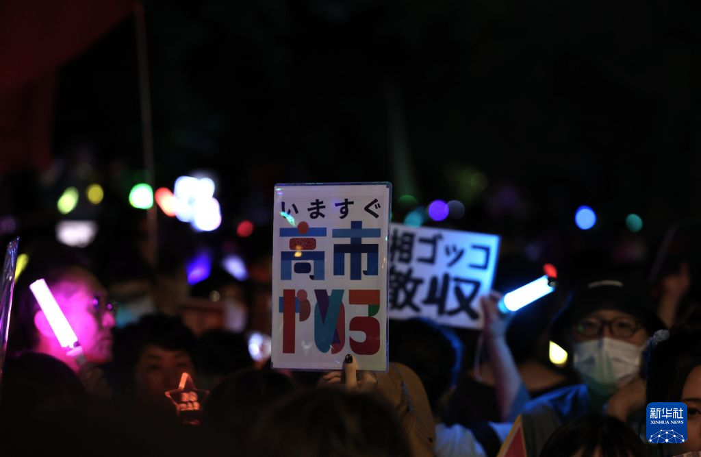7月10日，在位于日本东京的国会议事堂前，民众手持标语参加抗议集会。新华社记者 岳晨星 摄