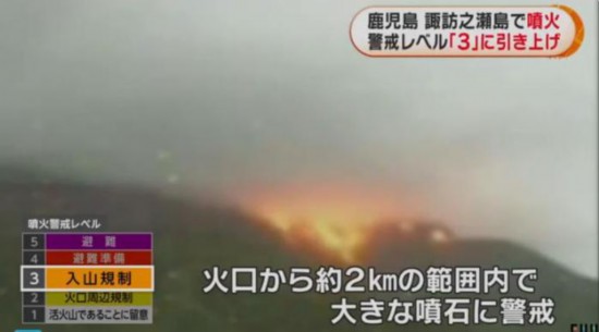 當地時間23日凌晨，位於日本鹿兒島縣的諏訪之瀨島火山大規模噴發。(圖片來源：日本富士電視台視頻截圖)