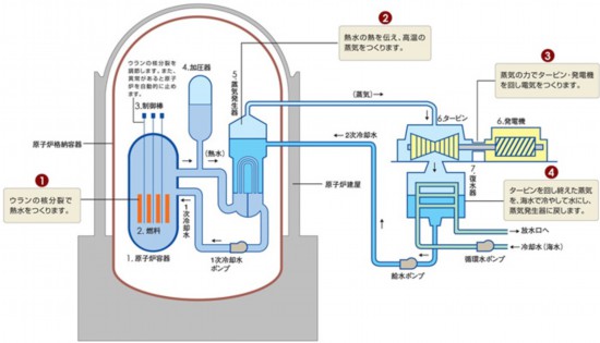  核電站運作原理圖。通常的核電站排水未直接接觸核燃料。圖片來源：日本北海道電力株式會社網站